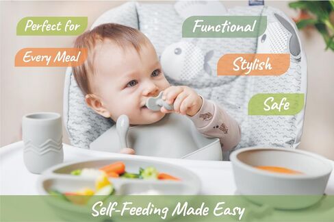Silicone Baby Feeding Set, Baby Led Weaning Supplies - Suction Plate and Bowl, Self Feeding Spoon and Fork, 2 Bendable Spoons, Tiny Cup, Bib, First Stage Eating Utensils, Baby Dishes in Saudi Arabia