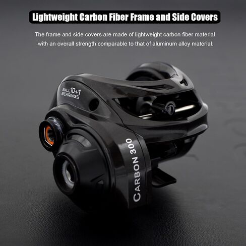بكرة صيد CAMEKOON Carbon 300 Baitcasting، بكرات Baitcaster ذات سعة عالية، نسبة تروس 6.3:1، محامل كروية من الفولاذ المقاوم للصدأ 10+1، مكابح مغناطيسية 10 أزرار، إطار من ألياف الكربون وأغطية جانبية in Kuwait