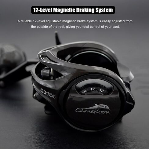 بكرة صيد CAMEKOON Carbon 300 Baitcasting، بكرات Baitcaster ذات سعة عالية، نسبة تروس 6.3:1، محامل كروية من الفولاذ المقاوم للصدأ 10+1، مكابح مغناطيسية 10 أزرار، إطار من ألياف الكربون وأغطية جانبية in Kuwait