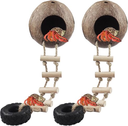 naneezoo 2 حزمة الناسك سرطان البحر جوز الهند قشر كوخ الفهد أبو بريص مخبأ مع سلم الزواحف كهف الموائل مع حلقة معلقة وكوب الشفط، ديكور Terrarium لسرطان الناسك، سحلية، أبو بريص in Kuwait