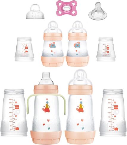 مجموعة هدايا MAM Grow with Baby المكونة من 15 قطعة، لحديثي الولادة من 0 إلى 4 أشهر، زجاجات مضادة للمغص وحلمات من السيليكون ناعمة على البشرة، مستلزمات الأطفال الأساسية، للفتيات in Saudi Arabia
