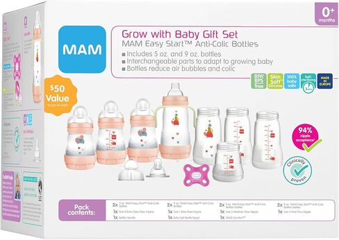 مجموعة هدايا MAM Grow with Baby المكونة من 15 قطعة، لحديثي الولادة من 0 إلى 4 أشهر، زجاجات مضادة للمغص وحلمات من السيليكون ناعمة على البشرة، مستلزمات الأطفال الأساسية، للفتيات in Saudi Arabia