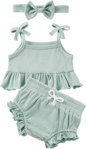 الوليد الطفل بنات ملابس الصيف الرضع لطيف مجموعة تي شيرتات قصيرة للأطفال طفل الفتيات كشكش الأعلى السراويل عقال 3 قطعة الملابس مجموعة 0-24 متر in Kuwait