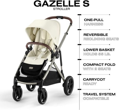 عربة الأطفال والرضع Cybex Gazelle S الكل في واحد مع أكثر من 20 تكوينًا معياريًا، واستلقاء مريح شبه مسطح، وسلة تسوق، وطي مدمج، لون أسود قمري، إطار أسود in Kuwait