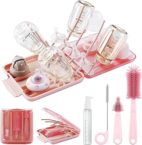 طقم تنظيف زجاجات الأطفال للسفر مع رف لتجفيف زجاجات الأطفال، فرشاة سيليكون قابلة للتمديد لزجاجات الأطفال، فرشاة على شكل حلمة، فرشاة تنظيف بماصة، موزع صابون زجاجات الأطفال. أبيض. in Kuwait