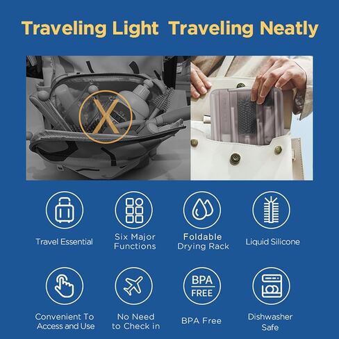 طقم تنظيف زجاجات الأطفال للسفر مع رف لتجفيف زجاجات الأطفال، فرشاة سيليكون قابلة للتمديد لزجاجات الأطفال، فرشاة على شكل حلمة، فرشاة تنظيف بماصة، موزع صابون زجاجات الأطفال. أبيض. in Kuwait