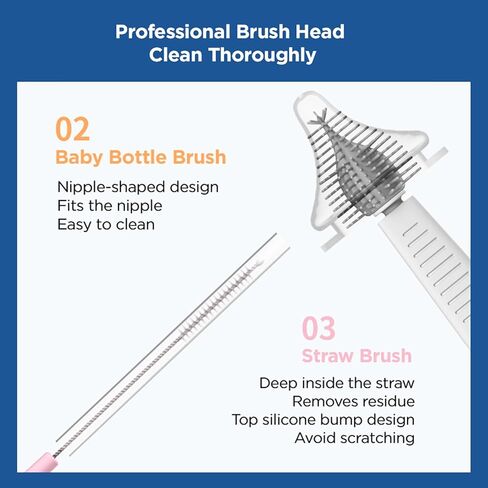طقم تنظيف زجاجات الأطفال للسفر مع رف لتجفيف زجاجات الأطفال، فرشاة سيليكون قابلة للتمديد لزجاجات الأطفال، فرشاة على شكل حلمة، فرشاة تنظيف بماصة، موزع صابون زجاجات الأطفال. أبيض. in Kuwait