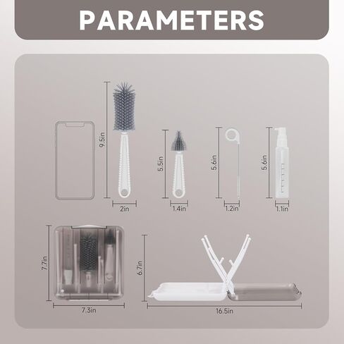 طقم تنظيف زجاجات الأطفال للسفر مع رف لتجفيف زجاجات الأطفال، فرشاة سيليكون قابلة للتمديد لزجاجات الأطفال، فرشاة على شكل حلمة، فرشاة تنظيف بماصة، موزع صابون زجاجات الأطفال. أبيض. in Kuwait