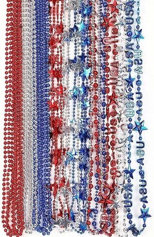 24 pieces Independence Day Party Patriotic Star Bead Necklace Carnival Red, White, and Blue Bead Decoration Accessories Suitable for July 4th Independence Day, Patriotic Parade, Carnival Decoration in Saudi Arabia
