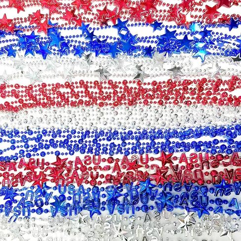 24 pieces Independence Day Party Patriotic Star Bead Necklace Carnival Red, White, and Blue Bead Decoration Accessories Suitable for July 4th Independence Day, Patriotic Parade, Carnival Decoration in Saudi Arabia