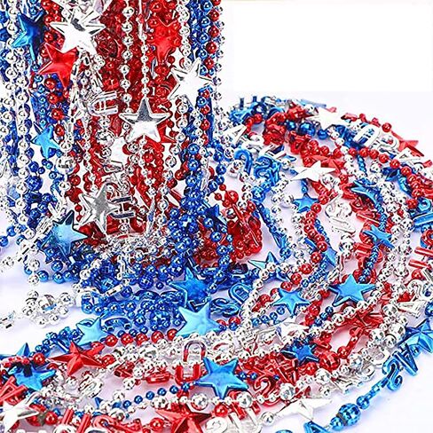 24 pieces Independence Day Party Patriotic Star Bead Necklace Carnival Red, White, and Blue Bead Decoration Accessories Suitable for July 4th Independence Day, Patriotic Parade, Carnival Decoration in Saudi Arabia