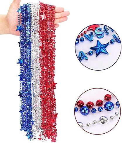 24 pieces Independence Day Party Patriotic Star Bead Necklace Carnival Red, White, and Blue Bead Decoration Accessories Suitable for July 4th Independence Day, Patriotic Parade, Carnival Decoration in Saudi Arabia