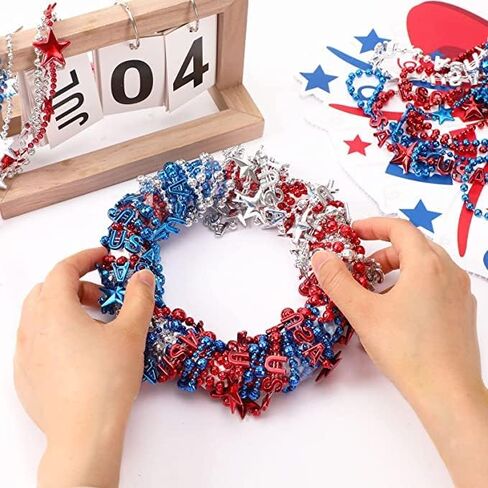 24 pieces Independence Day Party Patriotic Star Bead Necklace Carnival Red, White, and Blue Bead Decoration Accessories Suitable for July 4th Independence Day, Patriotic Parade, Carnival Decoration in Saudi Arabia