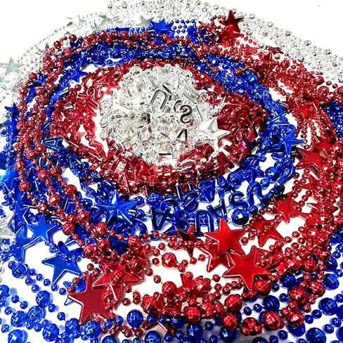 24 pieces Independence Day Party Patriotic Star Bead Necklace Carnival Red, White, and Blue Bead Decoration Accessories Suitable for July 4th Independence Day, Patriotic Parade, Carnival Decoration in Saudi Arabia