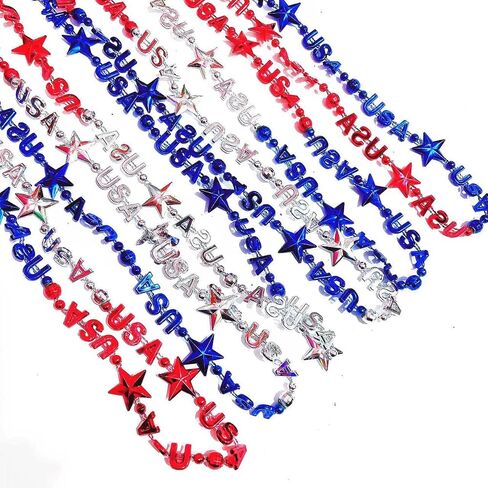 24 pieces Independence Day Party Patriotic Star Bead Necklace Carnival Red, White, and Blue Bead Decoration Accessories Suitable for July 4th Independence Day, Patriotic Parade, Carnival Decoration in Saudi Arabia
