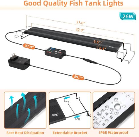 hygger LED Aquarium Light، 42W Full Spectrum Fish Tank Light مع مؤقت متعدد الألوان وضع DIY 24/7 الوضع الطبيعي سطوع قابل للتعديل، ضوء نبات حوض السمك مع أقواس قابلة للتمديد لخزان 46 ~ 52IN in Kuwait