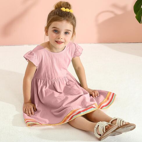 فستان بناتي للأطفال الصغار فستان صيفي من الكتان مكشكش بدون أكمام فستان صيفي غير رسمي بعقدة على شكل فيونكة فساتين حفلات الشاطئ للفتيات الصغيرات من سن 1 إلى 5 سنوات in Kuwait