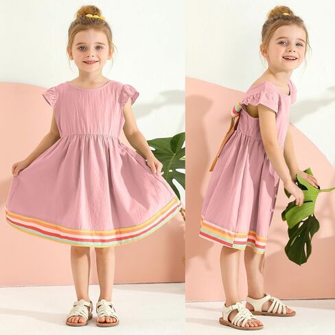 فستان بناتي للأطفال الصغار فستان صيفي من الكتان مكشكش بدون أكمام فستان صيفي غير رسمي بعقدة على شكل فيونكة فساتين حفلات الشاطئ للفتيات الصغيرات من سن 1 إلى 5 سنوات in Kuwait