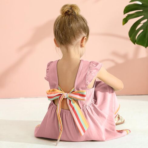 فستان بناتي للأطفال الصغار فستان صيفي من الكتان مكشكش بدون أكمام فستان صيفي غير رسمي بعقدة على شكل فيونكة فساتين حفلات الشاطئ للفتيات الصغيرات من سن 1 إلى 5 سنوات in Kuwait