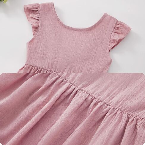 فستان بناتي للأطفال الصغار فستان صيفي من الكتان مكشكش بدون أكمام فستان صيفي غير رسمي بعقدة على شكل فيونكة فساتين حفلات الشاطئ للفتيات الصغيرات من سن 1 إلى 5 سنوات in Kuwait