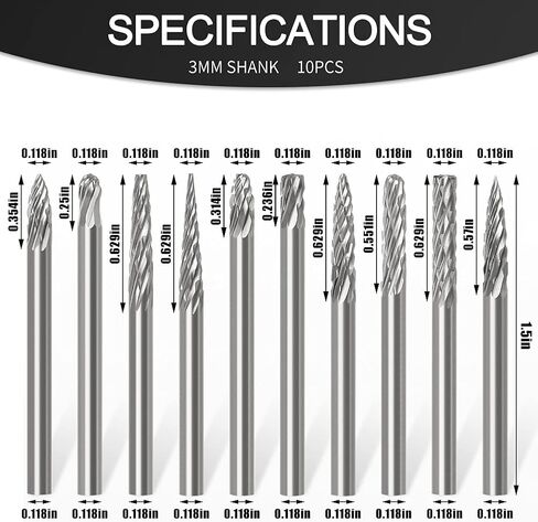 مجموعة نتوءات كربيد WSOOX مكونة من 10 قطع نتوءات دوارة ذات أشكال مختلفة بساق 1/8 بوصة لمعظم المطحنة الدوارة للاستخدام اليومي للنحت والتلميع والنقش. in Kuwait
