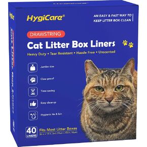 Cat Litter Box Liners, Heavy Duty, Sturdy Drawstring, Tear Resistant, Claw-proof, Unscented, Jumbo Size, 36"x18", 40 Count