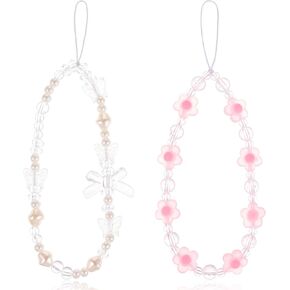 Mabor 2pcs Beaded Phone Bracelet Strap, Crystal Butterfly Flower Pearl Phone Beaded Wrist Strap Phone Bracelet Lanyard for Women Phone Keychain Charm Decoration for Wallet