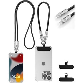 Cell Phone Lanyard With USB C to USB C Cable Fast Charging, 2 Pack - 1× Crossbody Neck Strap, 1× Phone Wrist Strap, 4× Phone Patches - Black