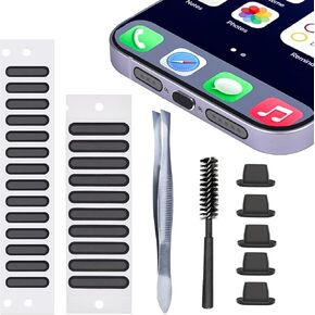 Phone Speaker Dust Protector Stickers & Cleaning Kit, Anti-Dust Mesh Covers, Plugs & Brush for iPhone 14, 13, 12, 11, X, 8, 7, Plus, Pro & Max