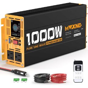 1500W Pure Sine Wave Power Inverter DC 12V to AC 110V 120V Converter with 2 AC Outlets, QC3.0 18W USB-A, PD30W USB-C Port Car Inverter with LCD Display and Remote Control for Truck RV Home