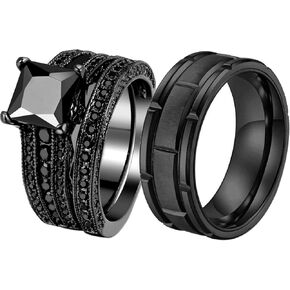 ringheart 2 Rings His and Hers Couple Rings Black Gold Filled Womens Wedding Ring Sets Princess Cut Green Cz Titanium Steel Mens Ring in Kuwait
