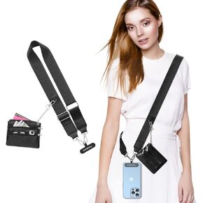 MoKo Universal Phone Lanyard, Clip and Go Strap Crossbody with Detachable Zipper Wallet Pouch, Adjustable Phone Lanyard Crossbody Around The Neck with Patches for iPhone, Samsung, Black