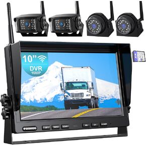 Fookoo HD 1080P 10" Wireless Backup Camera System, 10-inch Quad Split Screen Monitor w/Recording, IP69 Waterproof Side Rear View Cameras, Digital Signal, Parking Lines for RV/Truck/Trailer