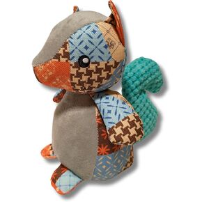 Plush Squeaky Patchwork Squirrel Dog Toy with Crinkle Paper Tail for Small, Medium, and Large Dogs