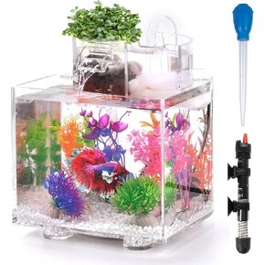 Betta Fish Tank, 1.6 Gallon Aquarium, Upgrade Hydroponics Growing System, Beta Fish Tank Self Cleaning with Heater and Filter, Aquaponic Fish Bowls Decorations for Water Plant Garden