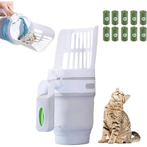 Cat Litter Scooper with Holder, Cat Poop Shovel with Waste Container and Refill 150 Bags(10 Boxes of 15 Bags), Integrated Detachable Large Capacity Cat Litter Scoop with Bags (Grey)