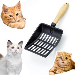 Metal Cat Litter Scoop, Non-Stick Coated Cat Litter Sifter Large Size, Cat Poop Scooper with Wooden Handle for Pet Kitty Litter Box Fast Sifting Cleaning