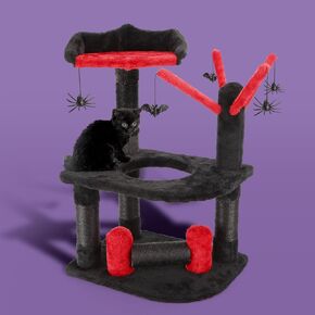 Nobleza Gothic Cat Tree, Halloween Black Goth Cat Tree Tower with Crown Perch & Playful Hole, Indoor Spooky Cat Tree Stand Climber Pole with Hanging Spiders Bats for Kitten, Black Red, Small