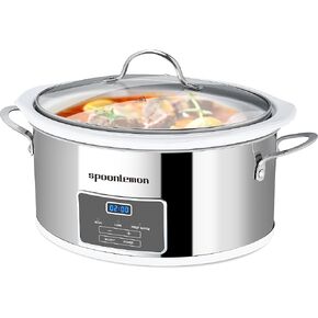 6 QT Slow Cooker, 240W Stainless Steel Electric Crock Cooker with Digital 20H Timer & 3-Level Heat Settings, Oval White Ceramic Inner Pot for Family Dinners