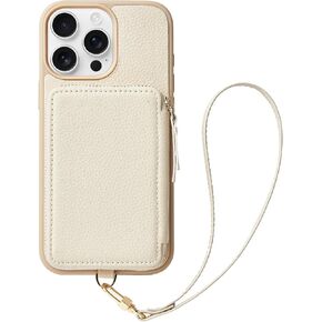ZVE Compatible with iPhone 16 Pro Case Wallet, Zipper Leather Card Holder with RFID Blocking Detachable Wrist Strap for Women for iPhone 16 Pro, 6.3"-Beige