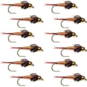 The Fly Fishing Place Bead Head Copper John Nymph Fly Fishing Flies - Set of 12 Flies Hook Size 10 - One Dozen