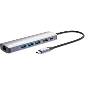 Manhattan 6 in 1 USB C Docking Station Hub –with 100W Power Delivery, 4k HDMI, 3 USB-A 3.0, 1 Gigabit RJ45 Port - Multiport Adapter for MacBook Air/Pro & Other Type C Devices–3 Yr Mfg Warranty-153959