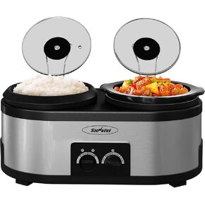 Sunvivi 2 in 1 Slow Cooker and Rice Cooker, Multi Slow Cooker with 1.5 QT Ceramic Pot & 3 Cup Rice Cooker, Non-Stick Aluminum Pot & Indicator Lights, Dual Control Knob, Stainless Steel