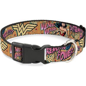Buckle-Down Plastic Clip Collar - Wonder Woman Strength & Power - 1/2" Wide - Fits 6-9" Neck - Small