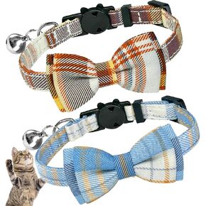 Cat Collar Plaid with Bells Breakaway Cat Collar Bowtie 2 Pack,for Girl/Boy Kitten Accessories for Indoor Cats, Adjustbale Collar with Cat Buckle for Daily Birthday Christmas (Blue + Brown)