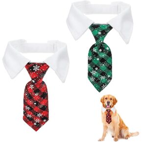 2PCS Christmas Dog Necktie, Adjustable Winter Snowflake Pattern Pet Tie Collar with Red Plaid for Small Medium Cat Dog Christmas Weddings Pet Tuxedo Outfit Decoration