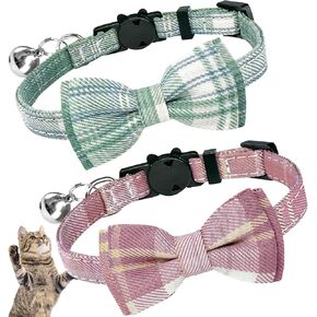 Cat Collar Plaid with Bells Breakaway Cat Collar Bowtie 2 Pack,for Girl/Boy Kitten Accessories for Indoor Cats, Adjustbale Collar with Cat Buckle for Daily Birthday Christmas (Blue + Brown)
