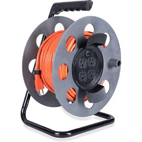 IRON FORGE CABLE 75 Ft Extension Cord Reel with 4 Electrical Power Outlets & Breaker Switch - 16/3 SJTW Heavy Duty Orange Cable with 3 Prong Grounded Plug, Portable Cord Reel