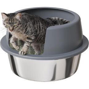 Round High-Sided Stainless Steel Cat Litter Box,Stainless Steel Litter Box with Lid,Extra Large Box,Easy-to-Clean Metal Litter Pan for Cats