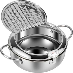 8.2 Inch Deep Fryer Pot with Strainer Basket and Thermometer,Stainless Steel Deep Frying Pot with Handle, Janpanese Style Oil Mini Fryer Dishwasher Safe for Fish Shrimp Chicken, 2.2L